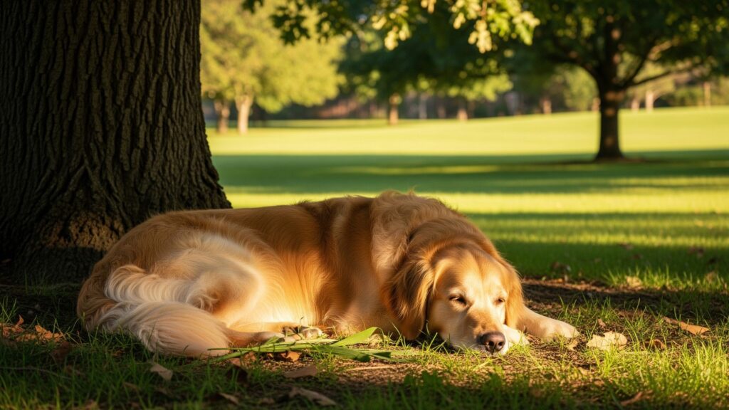 A golden retriever dog rests peacefully in the cool grass under the shade of a tree.