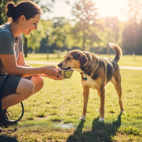 A person holds a water bowl for their thirsty dog on a sunny day.
