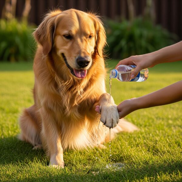 A person carefully pours cool water from a bottle onto a dog's paw.