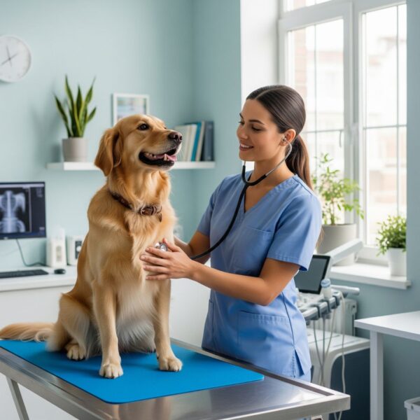 A veterinarian listens to a calm dog's heartbeat with a stethoscope in an exam room.